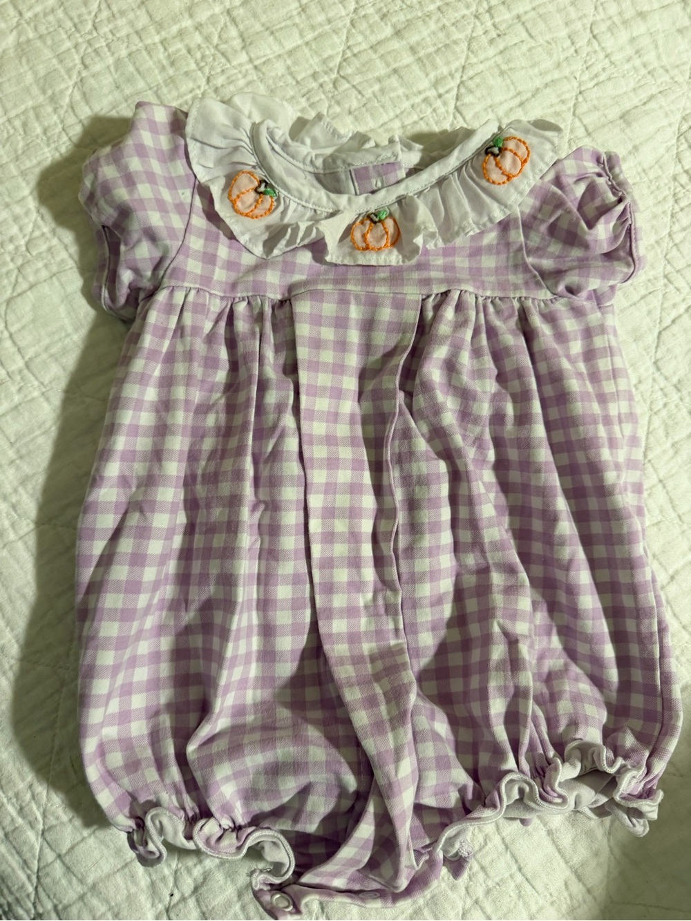 Lilac Gingham Baby One-Piece Bodysuit with Pumpkin Embroidery